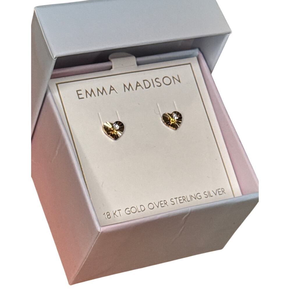Emma Madison Sterling Silver 18K Gold Plated Heart Stud Earrings Crystal Accent